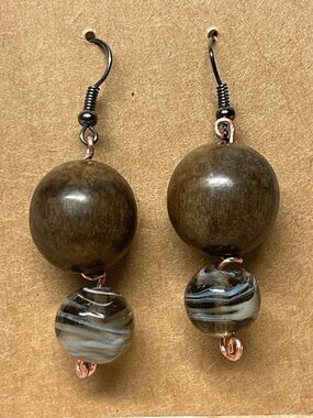 Hand Crafted Brown Wood and Swirled Glass Drop Earrings